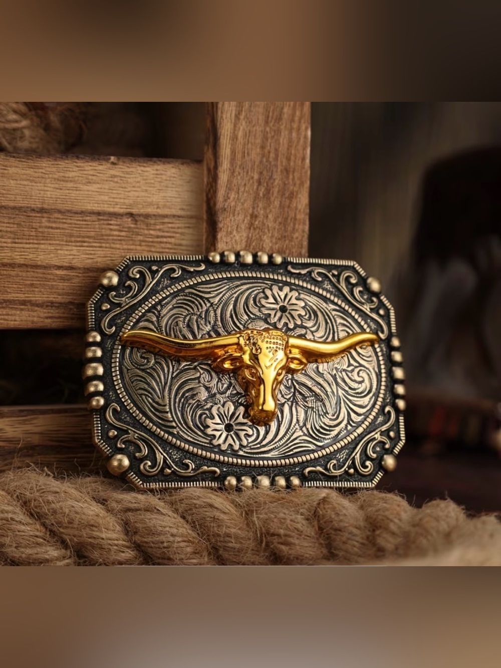 Western Belt Buckle Gold Longhorn Bull Western - Ornate Golg-Tone background